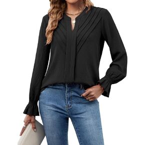 BMJL Women's Blouses Dressy Casual Pleated V Neck Work Tops Long Sleeve Shirts