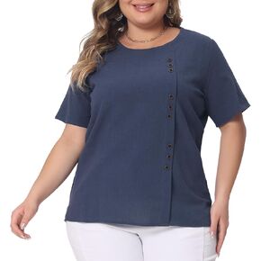 Agnes Orinda Plus Size Top for Women Short Sleeve Round Neck Cotton Linen Blouses Top T Shirt