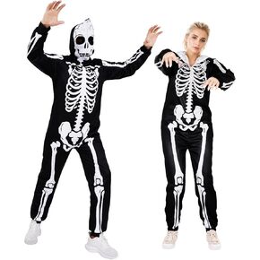 Halloween Skeleton Costume, Skeleton Printed Hooded Zipper for Men&Women, Skeleton Pajama for Halloween Party