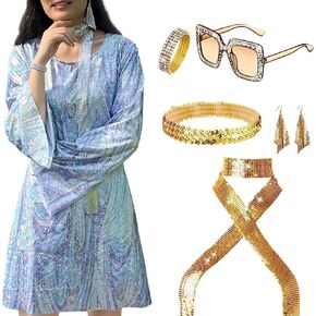 Huralona 70s Disco Costume Outfit 6pc Women 60s Hippie Accessories Dress Sequin Scarf Jewelry for Halloween Dance Party