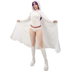 DAZCOS Raven Women's Cosplay Costume Suit White US Size Outfit Cape Jumpsuit Waist Chain for Halloween Christmas Party