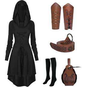 5 Pcs Renaissance Women Costume Medieval Hooded skirt Vintage Arm Guard Printed Belt and Waist bag
