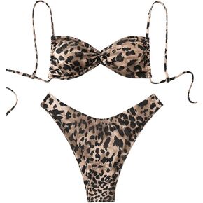GORGLITTER Women's 2 Piece Leopard Print Swimsuits Twist Front High Cut Tie Back Sexy Bikini Set