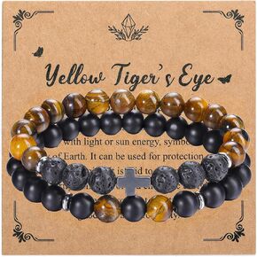 Top Plaza Men's Cross Bracelet Tiger Eye Crystal Stone Bracelets 8mm Elastic Cross Bracelets Hematite Lava Agate Triple Protection Spiritual Energy Jewelry Gift for Men
