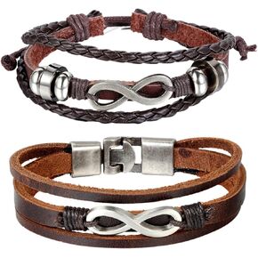 Cupimatch 2PCS Couples Leather Bracelet Wrist Cuff Bangle Love Infinity Symbol Charm Braided Leather Bangle for Men Women