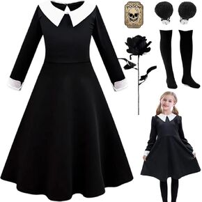 Merlina Costume for girls Halloween Costumes Black Dress with socks earings sticker rose Cosplay Outfits 3-14 Years