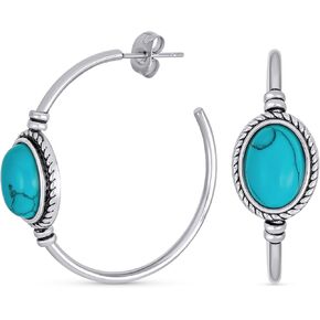 Western Style Oval Compressed Blue Turquoise Braid Edge Twisted Rope Large Hoop Earrings For Women Silver Tone Oxidized Stainless Steel 1.25 Inch Diameter Stud Back