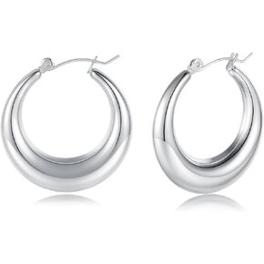 MDFUN 316L Chunky Stainless Steel Hoop Earrings, Fashionable Lightweight Hollow Open Hoops, Hypoallergenic Whtie Gold Plated Pipe Earrings for Women