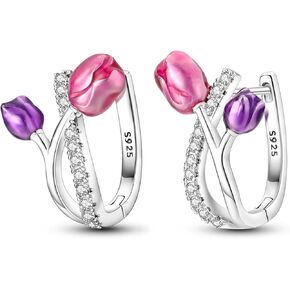 Parmuz 925 sterling silver hoop earring for woman Dangle Drop Boho vintage Feather Dangling Earring set purple Dream Catcher Simple Small Huggie earring Jewelry Gift, Sterling Silver, Cubic Zirconia