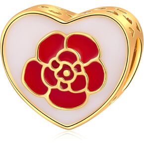 Red Rose Flower Charms in 18K Gold Plated Heart Beads, fit Pandora Valentines Day Bracelet, 925 Sterling Silver Floral Blooming Enamel Charms, Gifts for Wife/Bride