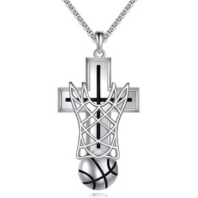 Basketball Cross Necklace 925 Sterling Silver Basketball Sport Pendant Cross Hip Hop Jewelry Gift for Men