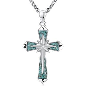 Turquoise Cross Necklace 925 Sterling Silver Compass Pendant Necklace Faith Necklace Cross Jewelry Traveler Gifts Birthday for Men Women