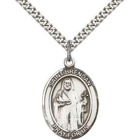F A Dumont Sterling Silver St. Brendan The Navigator Pendant with 24" Stainless Steel Heavy Curb Chain. Patron Saint of Sailors/Mariners