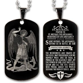 Sainstone St Michael Archangel Protection Pendant Necklace Amulet Talisman with Motivational Prayer - Protect Us for All - Inspirational Dog Tag Stainless Steel Gifts for Men Women