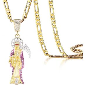Santa Muerte Necklace Diamond 14K Gold Plated Santa Muerte Pendant Jewelry With Sickle Holiday Gift (Gold 282)