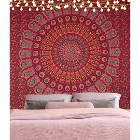 Hell Blues Tapestry Wall Hanging Indian Bohemian Mandala 100% Cotton Tapestries Queen Bedspread ~ Maroon Red 84x94 Inches (215x238 cm)