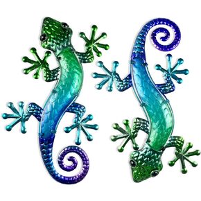 HONGLAND Metal Gecko Wall Art- 15 Inch Lizard Outdoor Decor Hanging Glass Sculpture, 2 Pack Gecko Wall Art Decorations for Garden Fence Home (Green&Orange)
