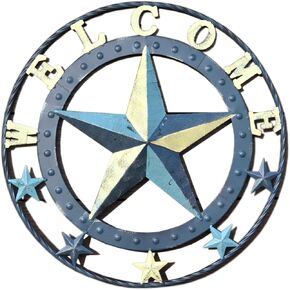 Large Metal Circle Star Wall Art Yellow & Ocean Blue Star Sculptures Home Decor for Indoor Living Room, Bedroom, Bathroom,or Ourdoor Countyard, Frontdoor or Entrywall, 18.2" x 18.2"