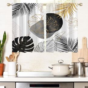 AAtter Black and Gold Window Curtains for Kitchen Boho Abstract Floral White Grey Gray Silver Small Short Home Living Room Bedroom Bathroom Drapes Treatment Tiers Fabric 1 Pair, 27.5" W x 39" L, Cute