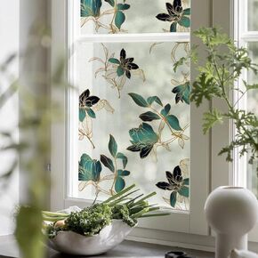 Golden Flower Privacy Window Film, Removable Static Cling Double-Sided Frosted Window Decal for Door Window Panes Glass Decor, 35.43 Inch Width, Lotus