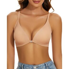 Push Up Bra Front Closure Bras for Women Comfort No Underwire Low Cut V-Neck Bralette Seamless Padded Nude Bra