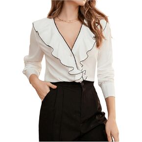 Women's Pearl Button Down Blouse Shirt Ruffle Long Sleeve Shirts Office Work Business Casual T Shirts