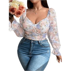 OYOANGLE Women's Plus Size Boho Floral Print Bishop Long Sleeve Blouse Sweetheart Neck Ruched Shirred Tops