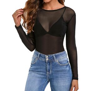 Mesh Sheer Long Sleeve Tops for Women Sexy Lace See Through Undershirt Blouse T Shirts Tops Clubwear