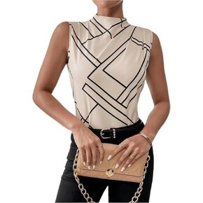 GORGLITTER Women's Mock Neck Sleeveless Dressy Casual Blouse Summer Pleated Geo Printed Shirt Top