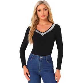 Allegra K Sequins Casual Blouse for Women's Long Sleeve V Neck Basic Holiday Blouse Shirt
