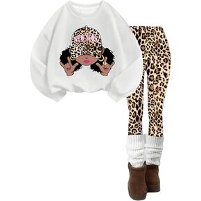 WDIRARA Girl's 2 Piece Leopard Print Pullovers and Leggings Set Long Sleeve Graphic Fall Winter Clothing Sets