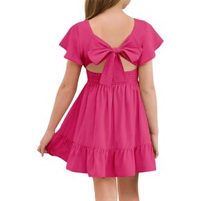 Haloumoning Girls Ruffle Short Sleeve Tie Back Dress Kids Summer Square Neck A-line Mini Dresses 5-14 Years