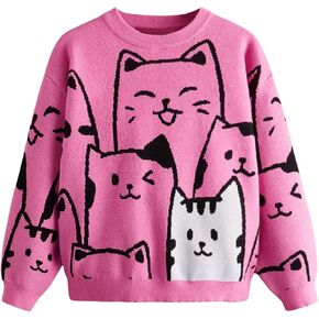 SweatyRocks Girl's Cute Graphic Sweater Colorblock Crewneck Long Sleeve Knit Tops Pullovers