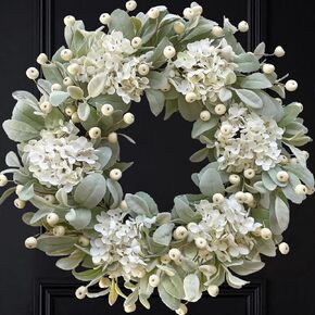 Idyllic 22 Inch Lambs Ears Leaves Everyday Wreath with Ivory Hydrangea and Cream Berries, Spring Summer Greenery Wreath with Burlap Ribbon Bow Knot for Doors, Rustic and Farmhouse Style Home Decor