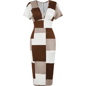 SOLY HUX Women's Deep V Neck Bodycon Dress Short Sleeve Color Block Casual Dresses Work Office Midi Dress