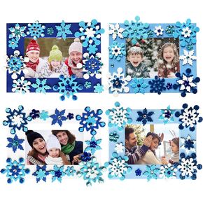 24 Pack Winter Picture Frames Craft Kits, Winter Snowflake Diy Foam Picture Frame Crafts with 24 Pcs Foam Photo Frames,176 Pcs Snowflake Sticker for Holiday Winter Frozen Christmas Fun Home Activity