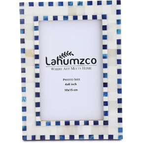 Bone Picture Photo Frame Checkered Pattern Beading Art Inspired Vintage Table-Top/Wall Décor Handmade Frames (5x7 Inches, Blue,White)