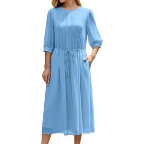 Solid Color Relaxed Dresses 2024 Women's Casual 3/4 Sleeve Crew Neck Flowy Swing A Line Fall Dresses with Pockets