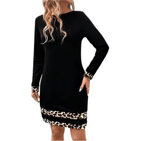 MakeMeChic Women's Leopard Print Crew Neck Straight Hem Long Sleeve Casual Mini Tee Dress