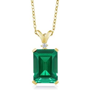 Gem Stone King 18K Yellow Gold Plated Silver Green Simulated Emerald and Diamond Pendant Necklace For Women (6.52 Cttw, Emerald Cut 14X10MM, with 18 Inch Chain)