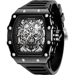 Men's Retro Punk Skull Tonneau Analog Skeleton Sports Watch, Luminous Rubber Strap, Silicone Band