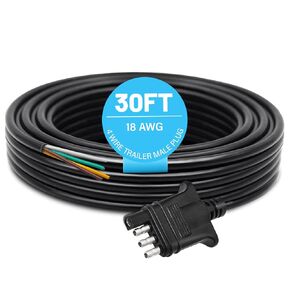 4 Way Trailer End Connector Wire 30 Feet Jacketed Cable, Heavy Duty 18AWG Color-Coded Copper Trailer-Side Male End 4 Pin Flat Trailer Hitch Wiring Harness Utility Boat Trailer Light Plug 30ft