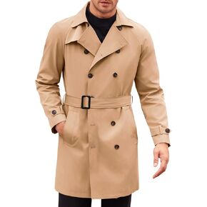 Runcati Mens Trench Coat Double Breasted Mid Long Jacket Casual Belted Overcoat Notched Lapel Windbreaker