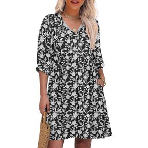 Caracilia Womens Summer Mini Dress Casual 3/4 Lantern Sleeve V Neck Drawstring Flowy Swing 2025 Boho Floral Beach Dresses