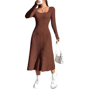 OYOANGLE Women's Square Neck Long Sleeve A Line Sweater Dress Ribbed Knit Solid Midi Dresses