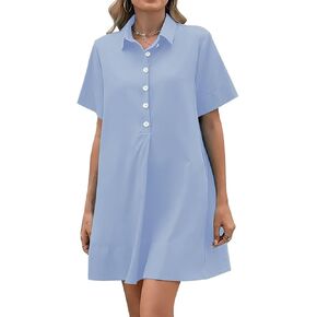Womens Button Up Tunic Shirt Dresses Short Sleeve Summer Dress Collared Swing Sundress