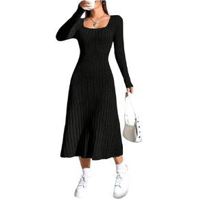 OYOANGLE Women's Square Neck Long Sleeve A Line Sweater Dress Ribbed Knit Solid Midi Dresses