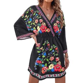 futurino Women's Bohemian Floral Print Dress, V-Neck 3/4 Sleeve A-Line Slit Midi Dress, Vacation-Ready Mexican Tribal
