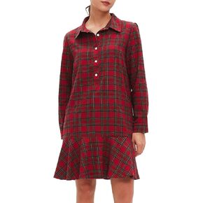 Women's Plaid Tunic Dress V Neck Button Down Collar Mini Dress Flowy Swing Shift Christmas Dress