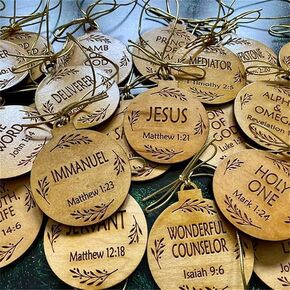 25Pcs Names of Jesus Ornaments, 2024 Christmas Little Jesus Advent Decor, Wood Hanging Chritmas Ornaments with Savior Names, Vintage Family Nativity Xmas Tree Ornaments (25Pcs)
